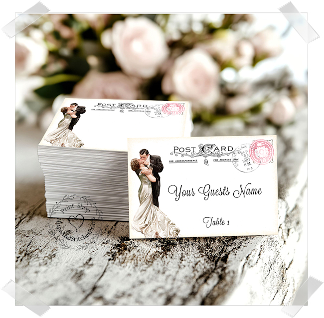 Bride & Groom Pink Stamp Postcard Flat Place Card #188